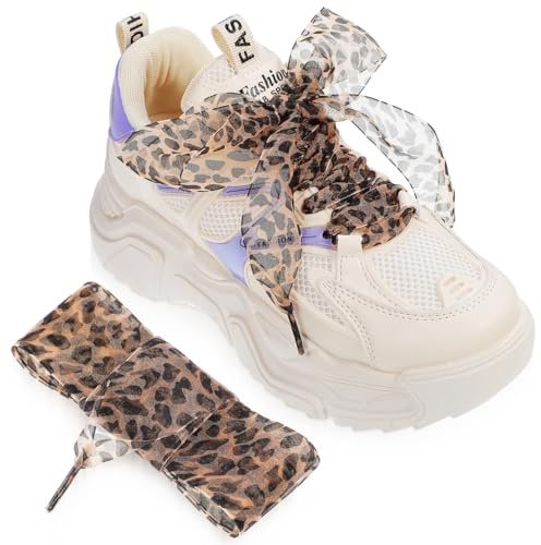 BelleVive Lot de 2 lacets larges - Motif léopard - Ruban de satin de soie - Lacets plats doux - Lacets de rechange pour chaussures de sport et de loisirs - Marron - 130 cm