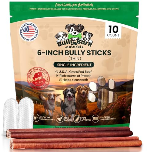 Thin 6” Bully Sticks for Dogs - 10 Count - Natural, Odor Free Grass-Fed Beef Pizzle Sticks for Dogs - Fully Digestible, Rawhide-Free Puppy Bully Sticks for Small & Medium Dog - Free Ear Wipes