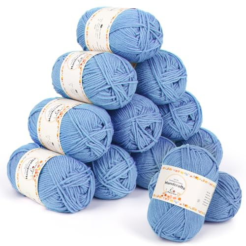 Aeelike 12 Pack Double Knitting Yarn Acrylic Wool Crochet Yarn 50g, 600g Soft 5Ply Milk Cotton Yarn Knitting Wool Set for Beginners Crochet Amigurumi, Baby Blanket, Socks and Scarves (Light Blue)
