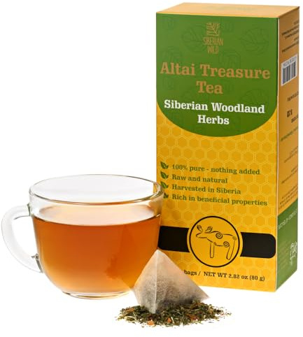 Siberian Wild Altai Treasure Tea – Siberian Woodland Herbs – Caffeine-Free Natural Herbal Loose-Leaf Blend – 20 Natural Tea Bags with Black Currant Leaf, Kuril Tea, Lemon Balm, Oregano, Thyme, Rosehip