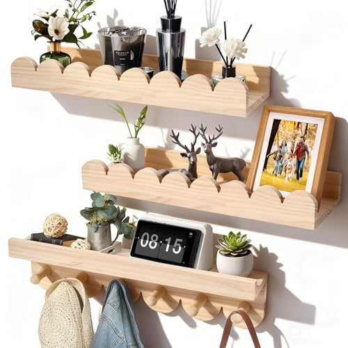 3 Pack Solid Wood Floating Wall Shelves for Kids Nursery Book Storage