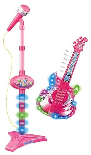 Guitare électrique pour avec Microphone - 3 - 8 Ans Jouet Musical électronique ABS, fonctionnant sur Piles 3 AA chacune, lumières LED Amusantes, chantez et jouez, développez Les compétences mu