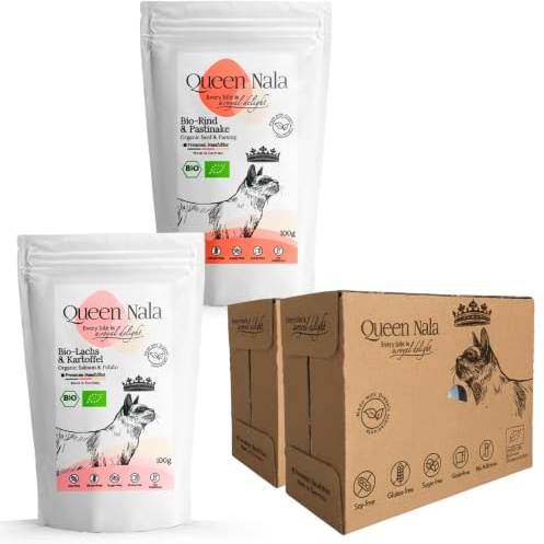 Queen Nala - Ekologiskt våtfoder för katter, förpackning om 12 (36 x 100 g) - Premium kattmat utan tillsatser, spannmålsfri och utan socker - monoprotein och känsligt, nötkött + kyckling + lax
