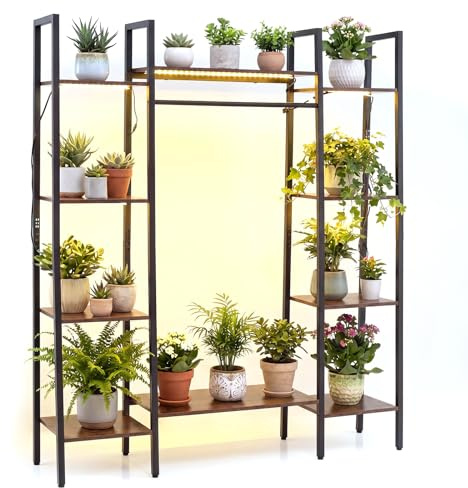 COSTWAY Blomsterställ med tillväxtljus, 10 nivåer växtställ av trä & metall, växthylla inomhus, blomkruka dekoration för vardagsrum & balkong