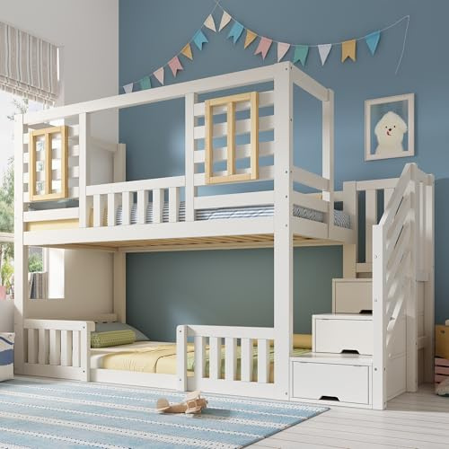 Xfholl Bunk Beds with Staircase Storage, Wooden Cabin Bed for Kids, Children's House Bed, Solid Wood, White, (90+90) x 190 cm (No Mattress)
