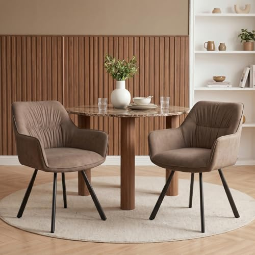 WAFTING Chaises de Salle à Manger Pivotantes 360°, Lot de 2, Marron | Velours microfibre, structure en métal, chaise rembourrée, fauteuil avec accoudoirs, cuisine et salon