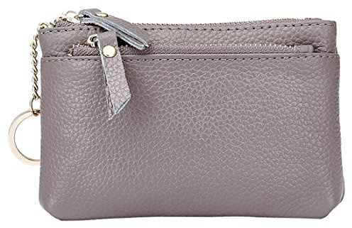 Esdrem - Cartera/monedero delgada para mujer de piel premium con tres cremalleras - Para llevar monedas y tarjetas - Incluye llavero de anilla Gris gris