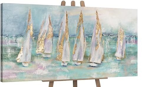 YS-Art Abstrakt Acryl Gemälde auf Leinwand handgemalt Segelboote Wandbilder Wohnzimmer moderne blaue Meereslandschaft Wohndekor Bilder echte Kunst 120x60 cm