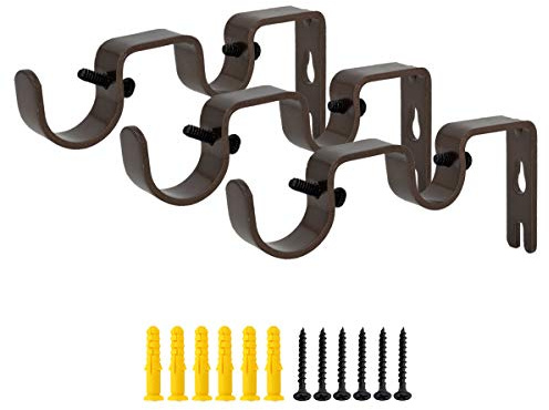 OVOV Double Curtain Rod Bracket 3 Pack Heavy Duty 1 and 5/8 Inch Curtain Rod Holders for Bedroom Living Room Brown