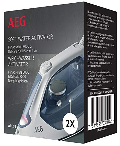 AEG AEL08 Anti-Kalk-Patronen für Dampfbügeleisen SI7-1-4WB (Weichwasser-Aktivator, Vorbeugung von Verkalkung, hocheffiziente Filtration, Zubehör Bügeleisen, einfache Handhabung, 2 Stück, weiß)