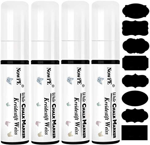 NowPE Kreidestift Weiß, 4 Stück Kreidemarker Weiss 15mm + 16 Tafel Labels, 15mm Groß Stiftspitze und Tinte auf Wasserbasis, Trocken oder Feucht Abwaschbar für Tafelfolie, Tafel, Wand, Fenster & Glas