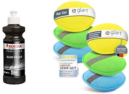 SONAX PROFILINE GlassPolish zum Entfernen von leichten Verkratzungen, Vermattungen und Verätzungen aus Echtglas & Glart 46PP Mikrofaser Handpolierschwamm 6er Set, 130x25 mm, Wax Applikator Pad