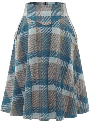 Bbonlinedress Falda Larga Mujer Invierno Cintura Alta con Bolsillos Estilo Vintage y Elegante Faldas de Fiesta Falda Midi para Mujer Blue Grey Plaid L
