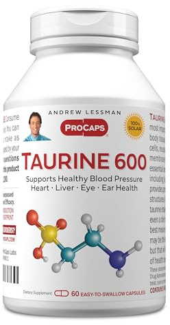 ANDREW LESSMAN Taurine 600-60 Capsules - Supports Healthy Blood Pressure, Heart, Liver, Eye and Ear Health. Pure, High Potency Source of The Amino Acid Taurine. No Additives
