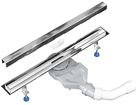 Aquabad Hochglanz Edelstahl Duschrinne - Slim Premium, Länge 60 cm, Komplett Set inkl. Abdeckung Bord, Advantix Vario Siphon und Haarsieb