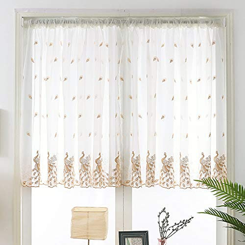 Devola Pastorale Art Scheibengardine Transparente Peacock-Muster Stickerei Bistrogardinen Cáfe Gardine Privatsphäre Fenstervorhang Kurzstores HxB 100x200cm Kaffee 1er Pack