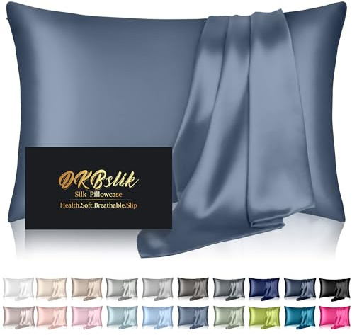 Silk Pillowcase for Hair and Skin, Mulberry Silk Pillow Cases Queen Size, Soft Anti Acne Cooling Sleep Both Sides Natural Silk Satin Pillowcases with Hidden Zipper, Gifts for Women Men, Ash Blue