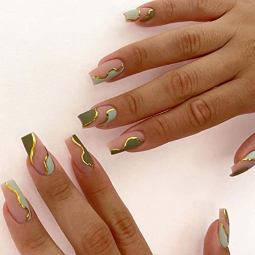 Luvadeyo 24 Stück Künstliche Nägel Lange Weiß Falsche Nägel Ballerina Acrylic natürlich Drücken auf den Nägeln Full Cover für Frauen(Grün)
