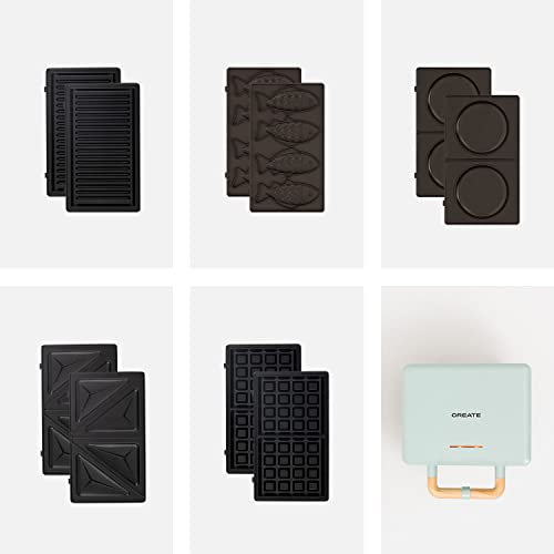 CREATE/STONE STUDIO/Tostiera per panini, grill e waffle Azzurra / 5 piastre intercambiabili: Grill, waffle e panini, taiyaki e pancake, antiaderente, apertura 100º, retro, 800W
