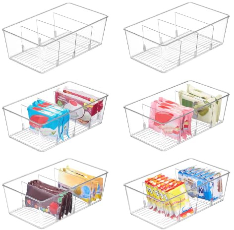 Vtopmart Food Storage Containers, Clear Plastic Organiser for Fridge 6 Pack | Storage Boxes for Pantry, Kitchen, Refrigerator, Cupboard Organization and Storage, 4 Compartments for Packages, Snack