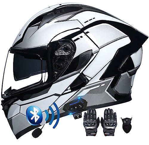 Flip-up Motorcycle Helmet Modular Motorbike Helmets ECE Approved Motorcycle Helmet Bluetooth with Gloves Mask Double Visors Anti-fog Noise Reduction Crash Racing Helmet Men Women