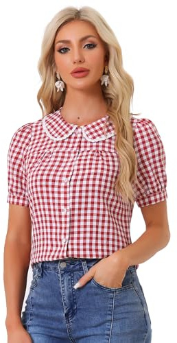 Allegra K Blusa a Cuadros para Mujer, Manga Corta, con Cuello Peter Pan en Contraste Rojo S