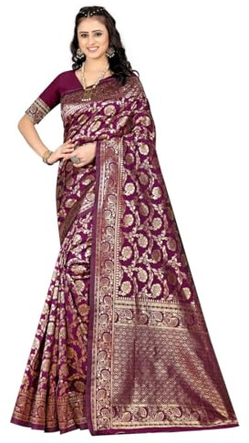 Sugathari Sari Banarasi para mujer, sari de seda Kanjivaram pura suave para mujer, diseño 2023, sari Pattu, últimas colecciones de sari de fiesta con blusa para sadi de boda (SAM PARI-164), Morado,