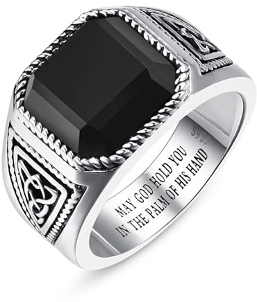 Bonlavie Celtic Knot Signet Ring for Men, Square Cut Black Onyx Ring, 925 Sterling Silver Mens Engagement Rings Thumb Ring Obsidian Ring Chunky Rings Size N-X1/2