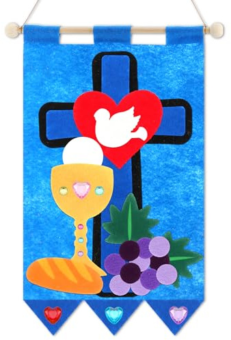 Wettarn First Communion Banner Kit for Boys Girls 9 x 12 Catholic Christian Religious Crafts Felt DIY Holy Communion Banner for Kids Sunday School Church Activity Baptism Party Decoration (Sky Blue)