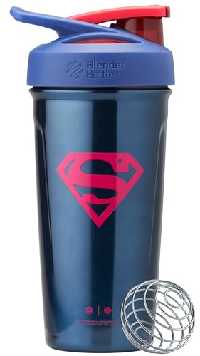 BlenderBottle Superman Sport Shaker Cup Insulated Stainless Steel Water Bottle with Wire Whisk, 24-Ounce, Man of Steel - Blue