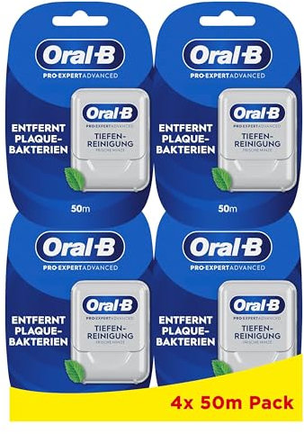 Oral-B Pro-Expert Advanced Zahnband Gewachst, Tiefenreinigung, frische Minze, entfernt Plaque und Speisereste zwischen den Zähnen, 4x 50 m Pack