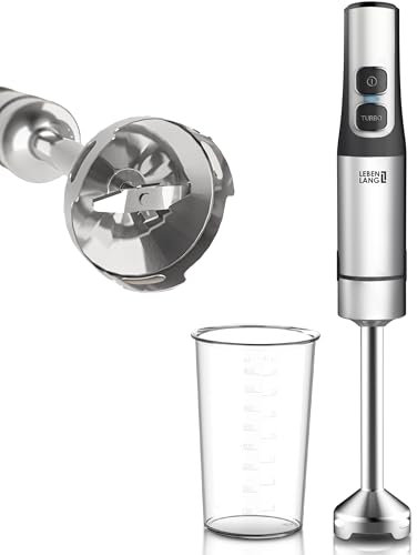LEBENLANG 1200W Stabmixer Edelstahl - Inkl. 800ml Messbecher & Spritzschutz I Stufenlos verstellbar & Turbo I Pürierstab Zauberstab Mixer Mixstab Elektrische Hand Blender Purierstabmixer Pürierstäbe