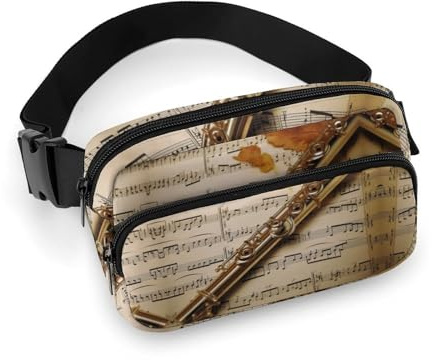 Grand sac banane imprimé musique flûte pour homme et femme, grand sac de poitrine avec sangle réglable pour l'extérieur, l'entraînement, les voyages, la course décontractée, musique de flûte, 20 x 13
