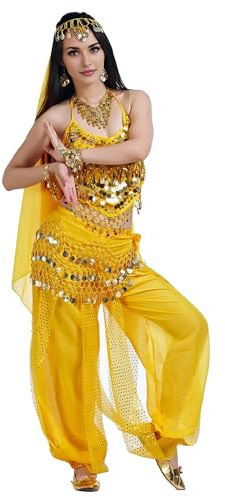 Baisdan Costume da donna per la danza del ventre, set con top, pantaloni harem, sciarpa per i fianchi, foulard per la testa, outfit professionale per Carnevale e Halloween, Giallo, Taglia unica