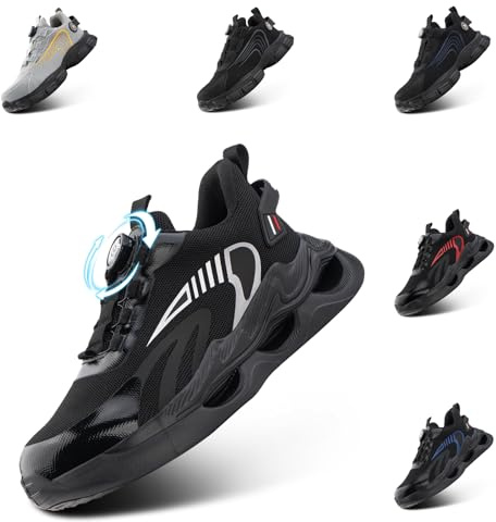 Loiston Chaussures de Sécurité Hommes Femmes Basket Travail Antidérapante avec Embout en Acier Légère Respirante Bouton Pivotant GK817 Noir 45