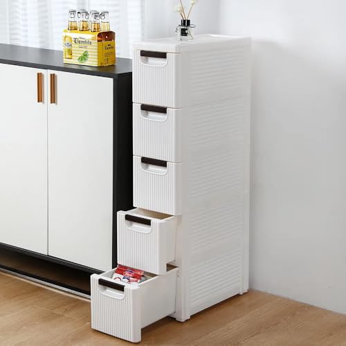 C·Kalosa Armoire de salle de bain étroite avec 5 tiroirs, 42 x 19 x 91 cm, pour salle de bain, salon, salle à manger, cuisine, moderne, blanc