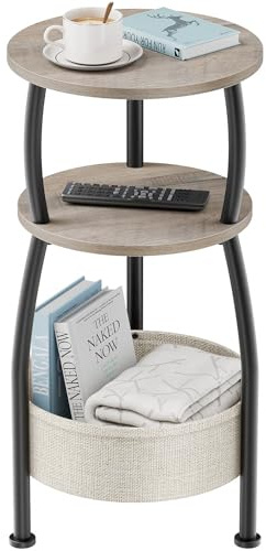 Yuede Round Side Table, 3 Tier Bedside Table, Small End Table with Fabric Basket, Coffee Table for Living Room, Bed Room, Small Space, Easy Assembly 6480734 (Gray)