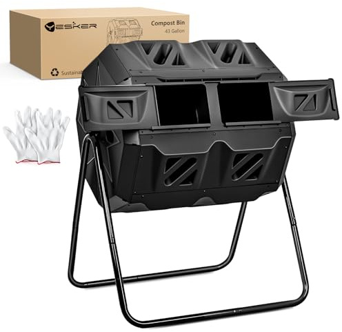 Yesker Dual Chamber Compost Bin Outdoor, 43 Gallon Rotating Tumbling Composter with Sliding Doors, Fast Assembly for Garden, Backyard & Kitchen Waste