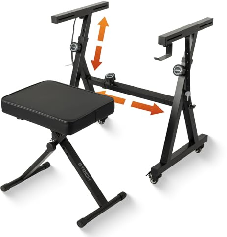 STRICH Keyboardständer & Klavierbank Set, Z-Ständer tragbarer Heavy-Duty Keyboardständer für 54–88 Tasten E-Pianos & X-Klavierbank höhenverstellbar, Stuhl, Schwarz, Modelle SKT-02S & SPB-M10