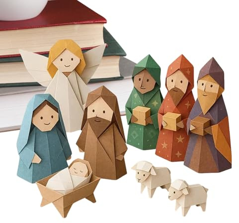 Vikbar julkrubba set – papper semesterscen med Mary Joseph Jesus djur | bordsdekoration för hem, klassrum och kyrka, interaktiv handgjord säsongsvisning 18 x 12 x 10 x 1 cm