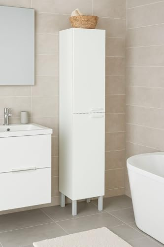 Dmora - Mobile colonna Hollywood, Mobile per bagno a 2 ante, Armadio pensile con 2 ripiani, 30x25h182 cm, Bianco lucido