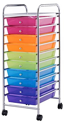 GIANTEX 10 Tiroirs Chariot de Rangement, Tour de Rangement Bureau sur roulettes, Desserte à roulettes Verrouillables avec Cadre Métal, Idéal pour Bureau, Salon, Chambre, 63x37x87CM (Multicolore)