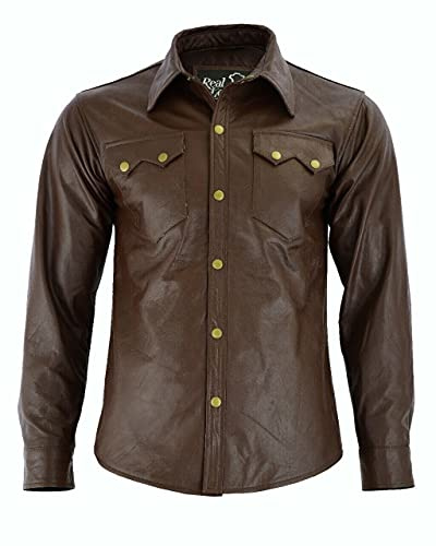 HiFacon Camisa de cuero para hombre Western Trucker Cowboy de cuero auténtico chaqueta de verano Burdungy