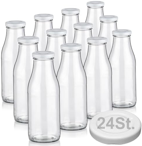Geniess-Bar! 12 Milchflaschen 500ml mit 24 Deckel BPA frei Saftflaschen Glasflaschen 0,5L erhältlich mit 2/4/6/9/20 Flaschen Weithalsflaschen leer zum Befüllen Schraubdeckel
