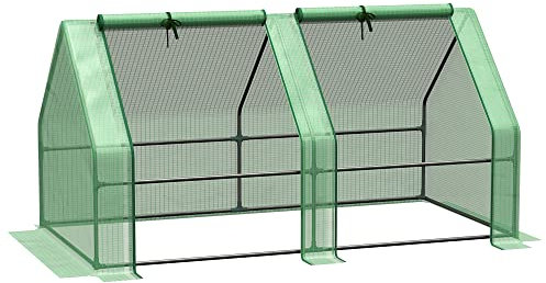 Outsunny Mini Serre de Jardin Mini Serre Tunnel 180L x 90l x 90H cm Toit Pointu Acier PE Haute densité 140 g/m² Anti-UV 2 fenêtres avec Zip enroulables Vert