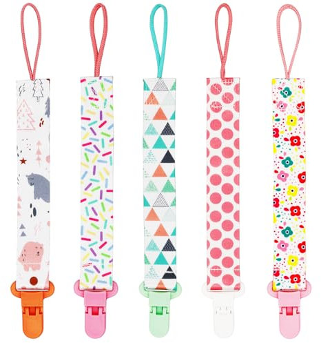 FenFang Schnullerband Baby, 5er Schnullerketten mit Clips Nuckelketten Junge Mädchen für Schnur Lätzchen Dreieckstuch Schnuller (Rosa)