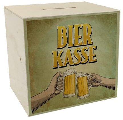 Bierkasse Spardose aus Holz mit coolem Retro Motiv - prostende Bierkrüge für die Hausbar oder die nächste Feier mit Freunden die vergessen zu Zahlen damit du Nicht mehr auf den