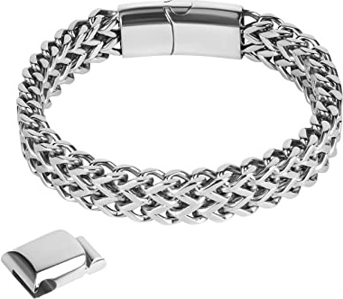 flintronic Pulsera Hombre, Pulsera de Acero Inoxidable, Hebilla Magnética, Negro Antigua/Plata, Pulsera Pareja Novio, 12mm de Ancho/ 22cm Largo, con Caja de Regalo-Plata
