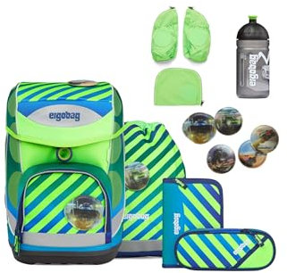 ergobag cubo Bundle Set ergonomischer Schulrucksack, Set 7-teilig plus Seitentaschen Zip-Set und Trinkflasche TruckBär - Grün