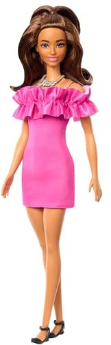 Barbie Fashionistas Puppe Nr. 217 mit braunem, gewelltem Haar, einem pinken Schulterfreien Kleid, Modepuppe zum Sammeln anlässlich des 65. Jubiläums, HRH15